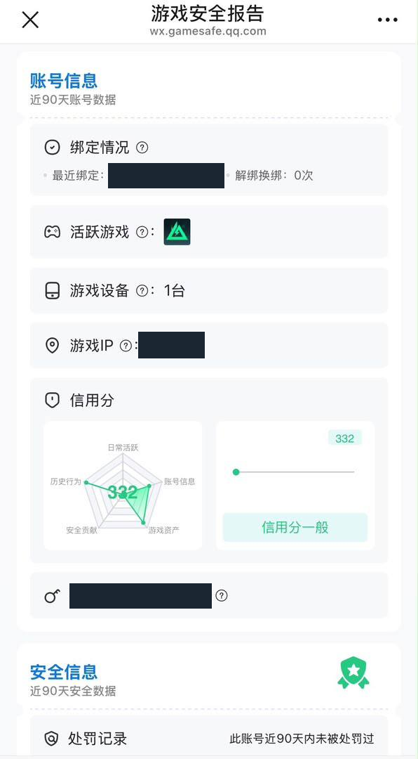 腾讯游戏安全报告截图:信用分 332,近 90 天未被处罚;绑定日期、IP 所在地区和身份验证信息已遮挡